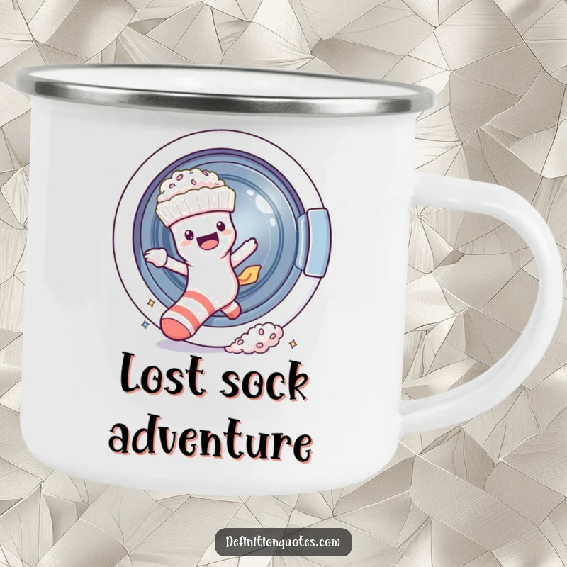 Funny sock character escaping a washing machine, leaving fluff, on a durable camping mug for outdoor humor.