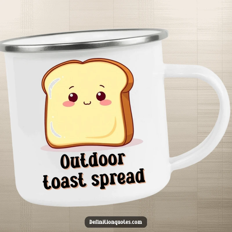 Funny toast character peeking from behind a giant butter pat on a camping mug, for enjoying breakfast outdoors.