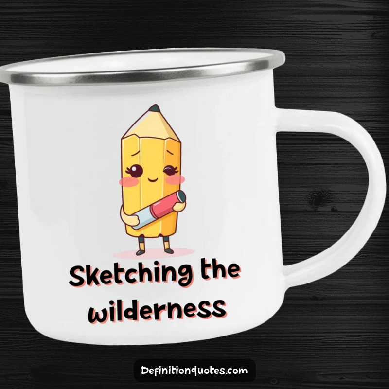Funny camping mug with a blushing pencil character with an eraser trying to draw itself, perfect for outdoor use.