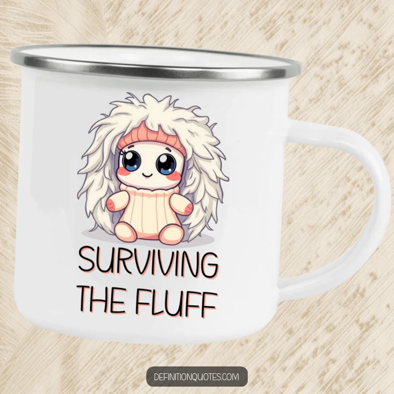 Funny Kawaii sock character with googly eyes, caught in a lint monster, on a durable camping mug for outdoor laughs.