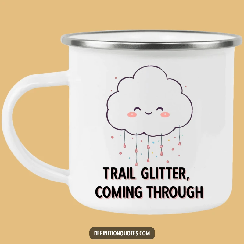 Funny Glitter Cloud Camping Mug: Cheerful Character Raining Sparkles Outdoors