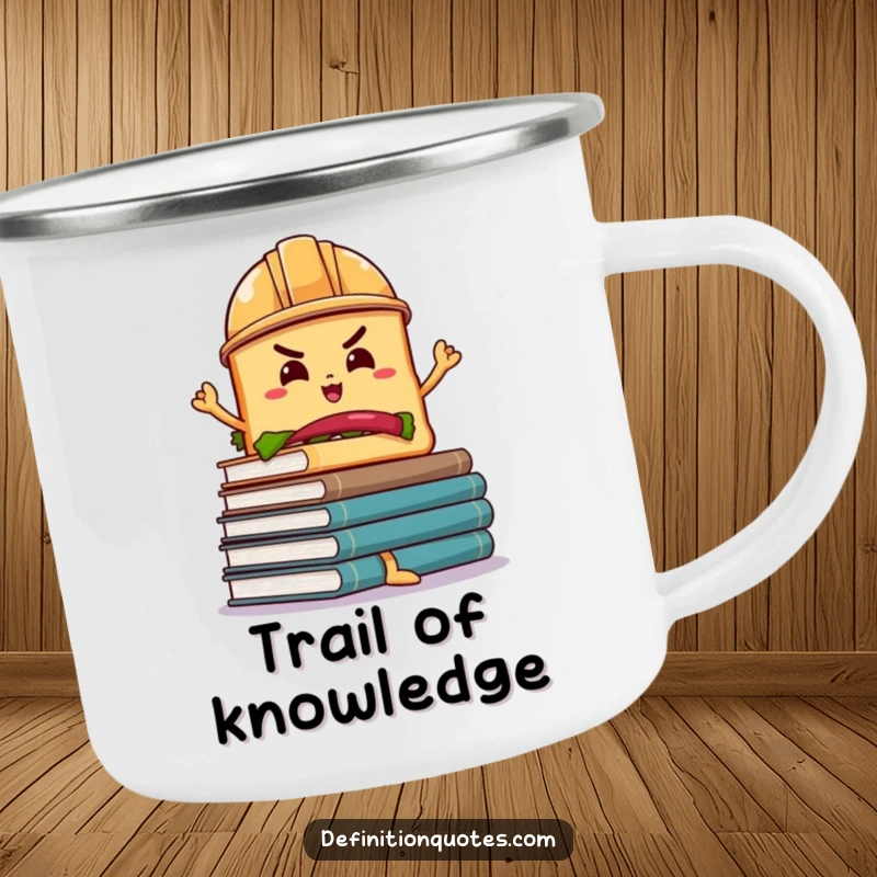 Funny Sandwich Book Balance Camping Mug: A determined sandwich in a hard hat balances wobbly books, perfect for camping.