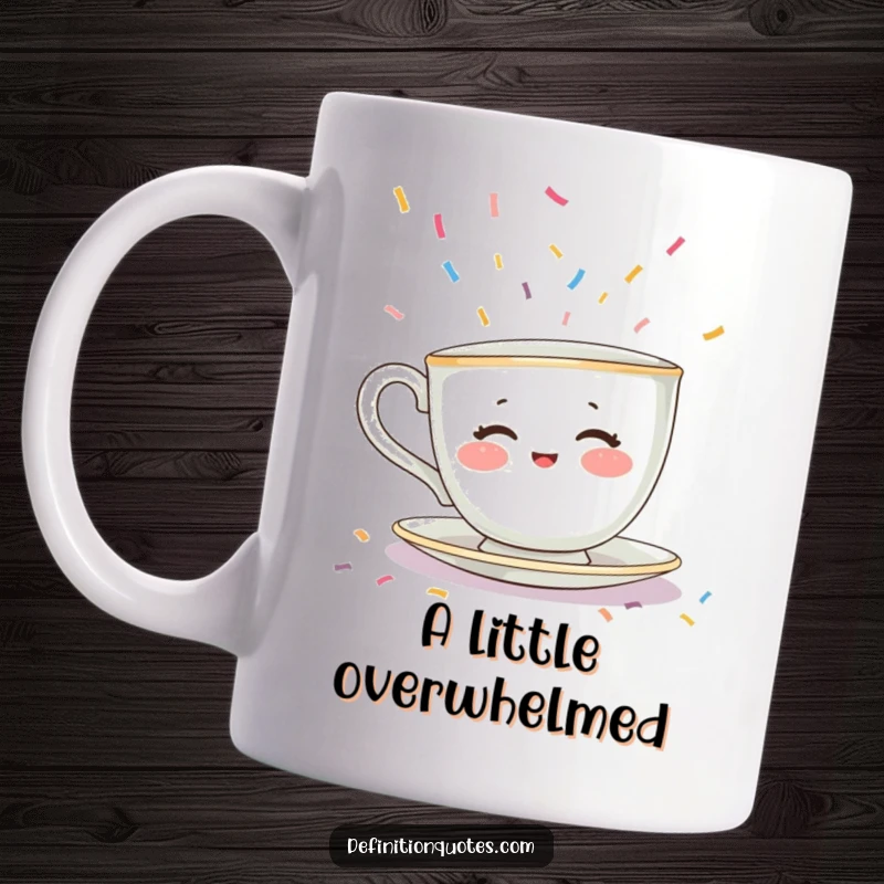 Funny mug with a shy teacup character with rosy cheeks hiding from falling confetti, a humorous gift for introverts.
