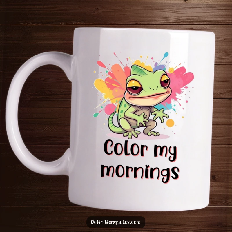 Funny mug showing a sly chameleon character hilariously attempting to blend into a vibrant, abstract paint splatter, showing off its disguise skills.