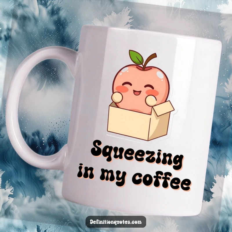 Funny, blushing apple character comically trying to fit into a tiny box, on a mug, a cute funny gift.