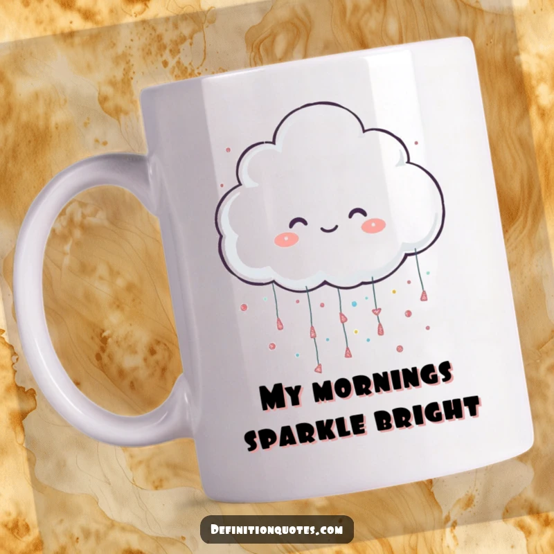 Funny cheerful cloud character playfully raining oversized glitter onto a mug, symbolizing joy and sparkle.