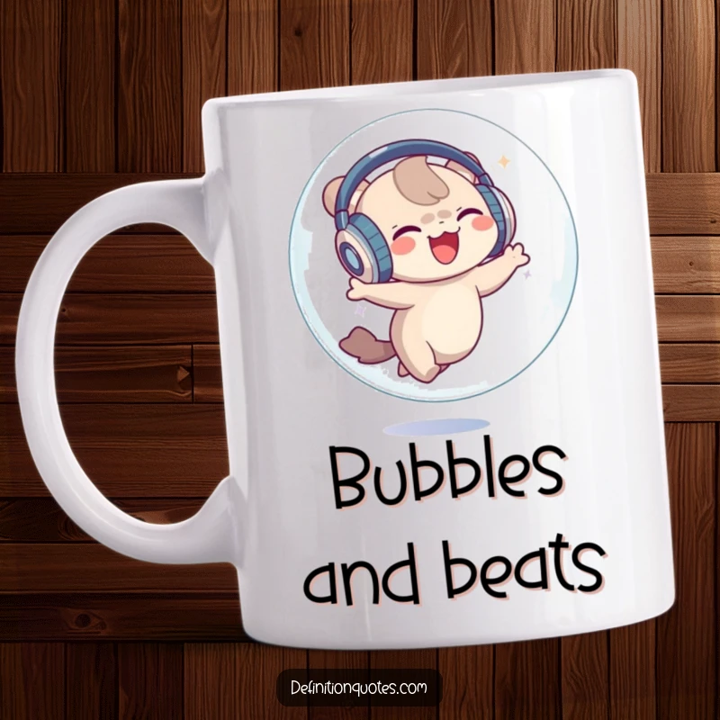 Funny Mug: A small creature with oversized headphones joyfully dancing inside a transparent bubble, radiating pure bliss.