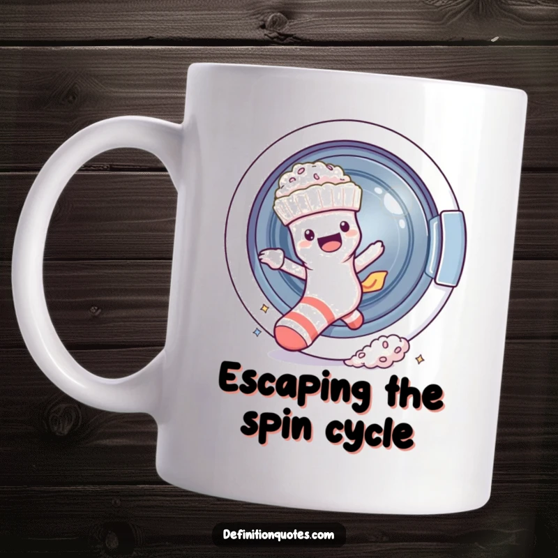 Funny sock character escaping a spinning washing machine, leaving fluff, on a humorous gift mug.