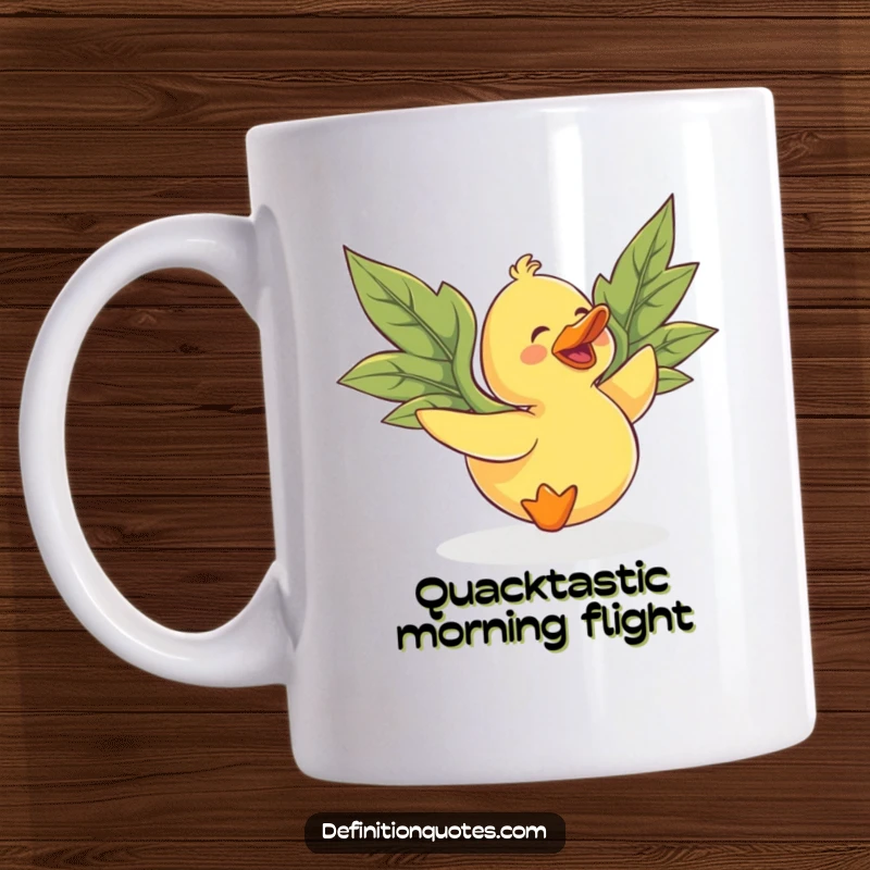 Funny rubber duck with giant, mismatched leaf wings, gleefully trying to fly, depicted on a humorous mug.