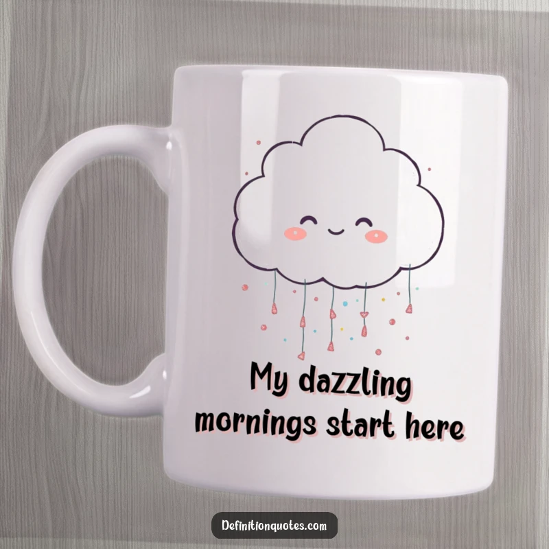Funny mug showing a happy cloud character playfully raining large, shimmering glitter, spreading joy and sparkle.