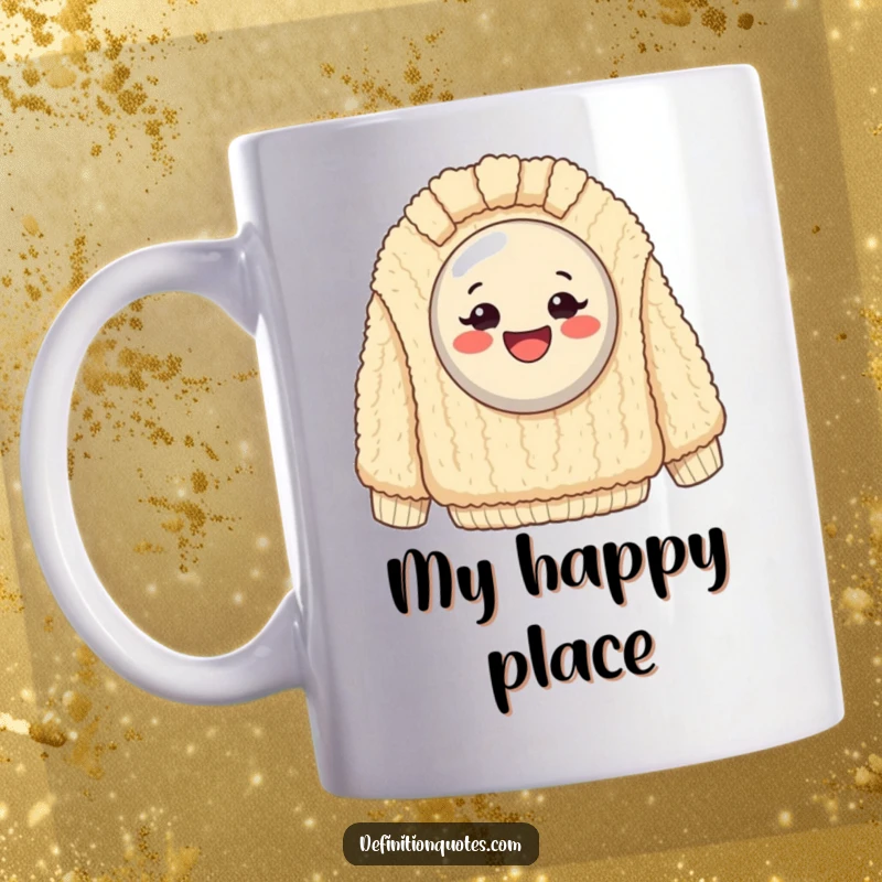 Funny Mug: Exaggeratedly happy button stuck on a giant, fuzzy sweater, radiating pure, cozy joy and humor.