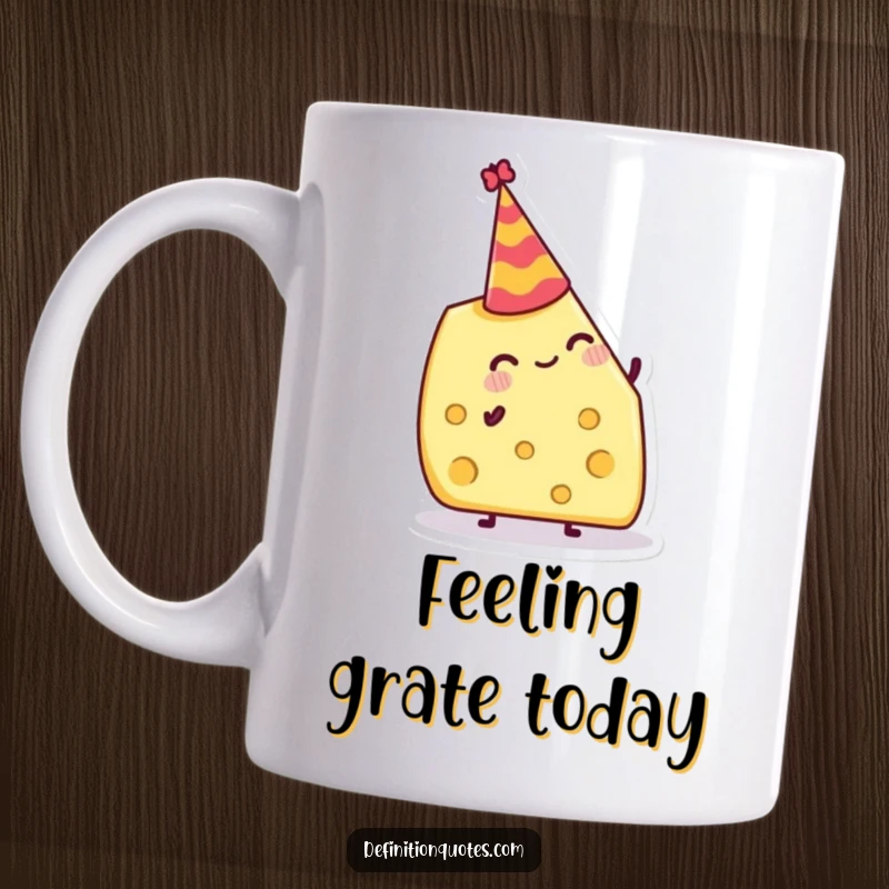 Funny Mug: Jolly cheese wedge attempting to balance a tiny party hat, radiating cheesy celebration.