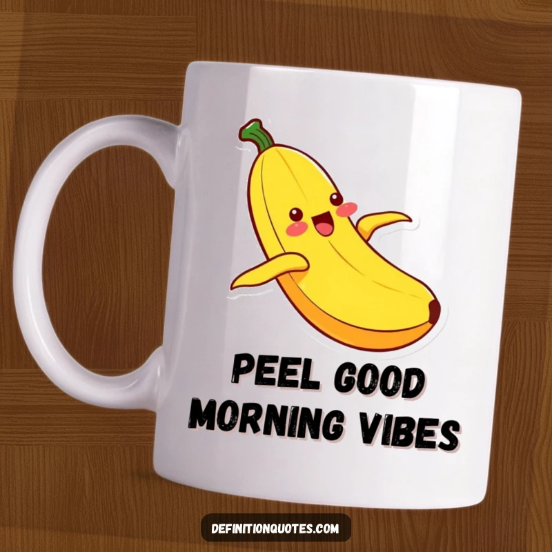 Funny Kawaii banana character joyfully sliding down its own peel, capturing a moment of pure, ecstatic happiness on a mug.
