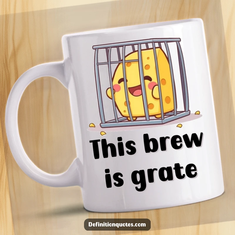 Funny Kawaii cheese character, beaming with joy, as it attempts to escape a small, barred cage on a mug.