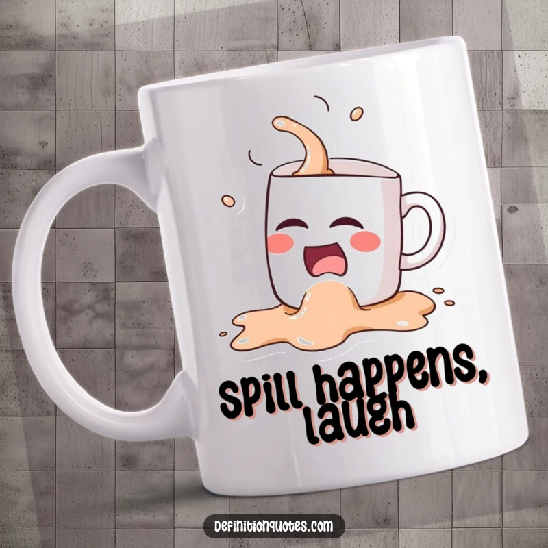 Funny Kawaii coffee mug character, spilling its coffee contents while laughing hysterically, depicted on a mug.