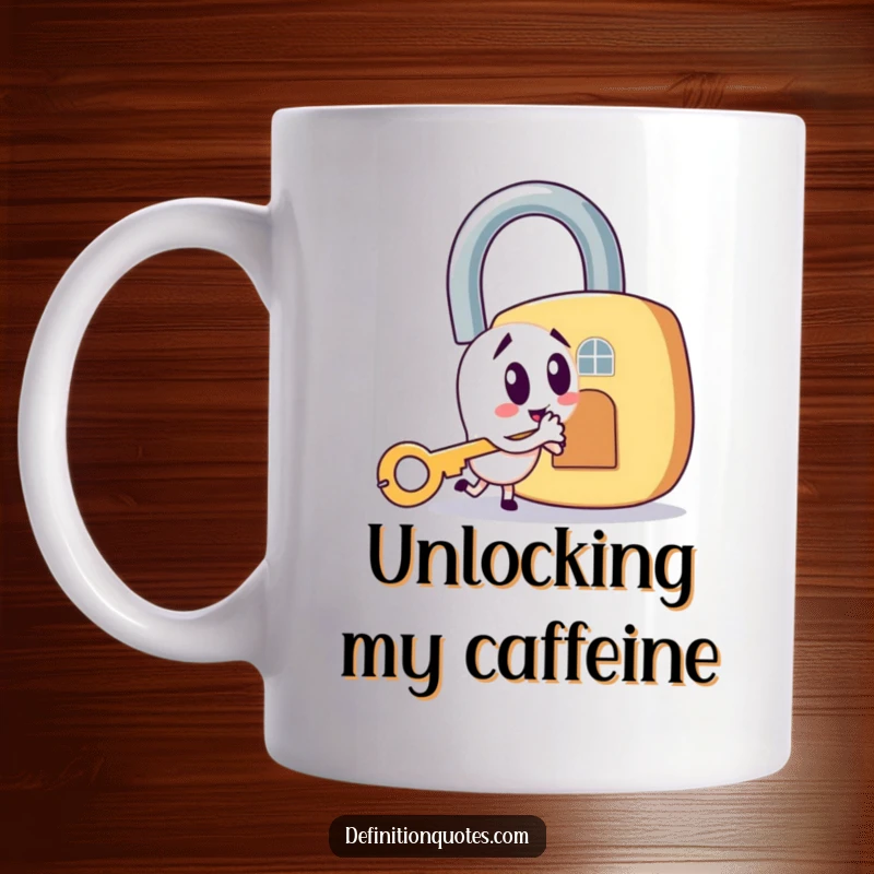 Funny mug depicting a sly house key character playfully trying to unlock an enormous padlock, symbolizing a tricky situation.