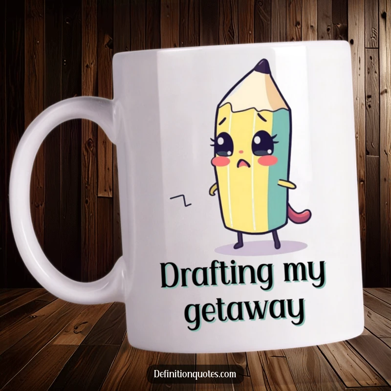 Funny mug showing a cute pencil character nervously drawing its own escape route, symbolizing creative struggle.