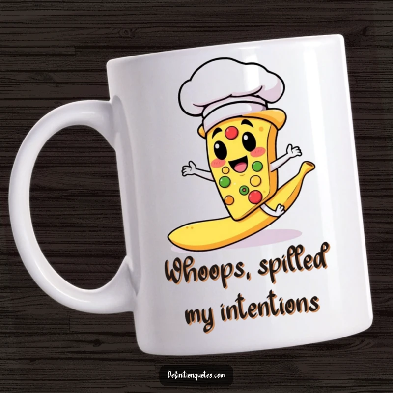Funny mug showing a cheerful pizza slice chef in a big hat slipping on a banana peel, embodying clumsy humor.