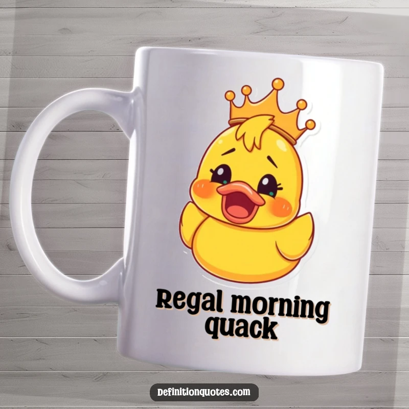 Funny Rubber Ducky Crown Mug: Ceramic mug with a cartoon rubber ducky wearing a golden crown, sporting a shocked overjoyed face, a funny bath time theme.