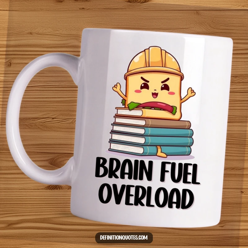 Funny Sandwich Book Balance Mug: A determined sandwich in a hard hat precariously balances wobbly books, a humorous study gift.