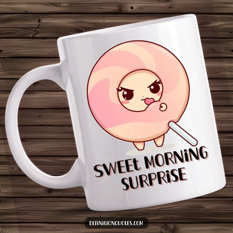 Funny shy donut character peeking from behind a giant, licked lollipop, perfect for a humorous gift mug.