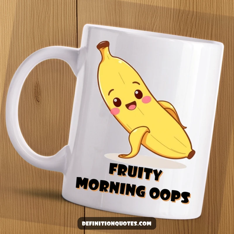 Funny banana character slipping on its peel with a surprised face, on a mug.