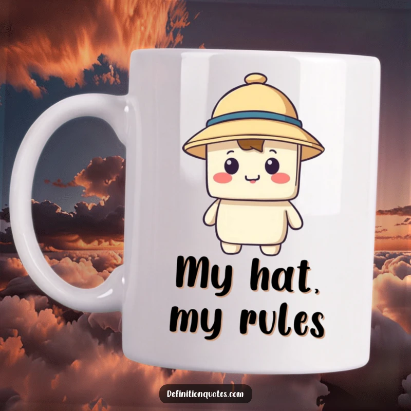 Funny mug featuring a happy blocky character struggling to wear a comically small hat that completely covers its eyes.
