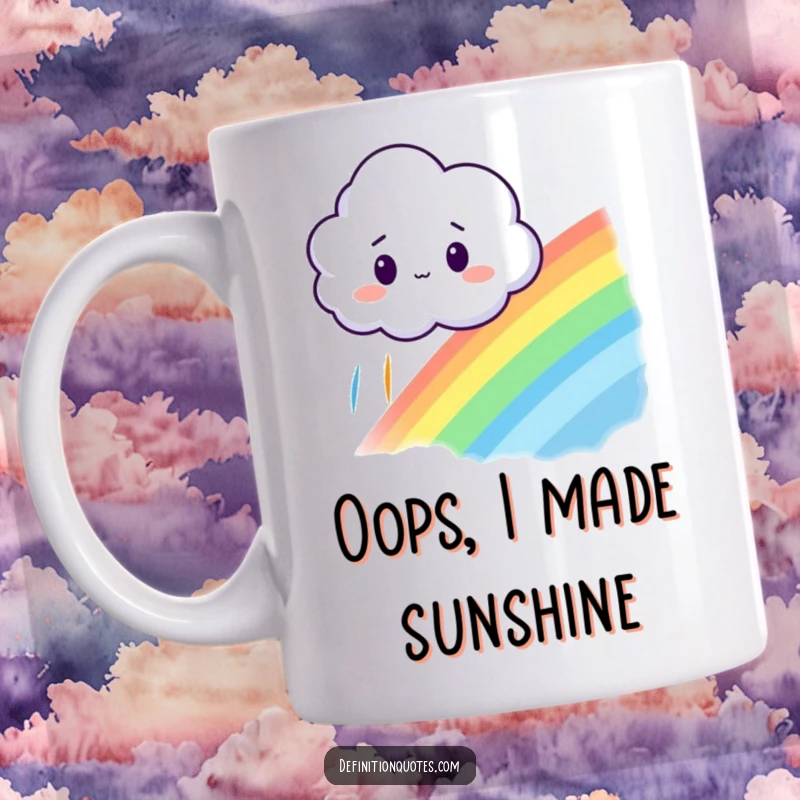 Funny mug featuring a surprised little cloud looking down at a rainbow it accidentally created, expressing wonder.