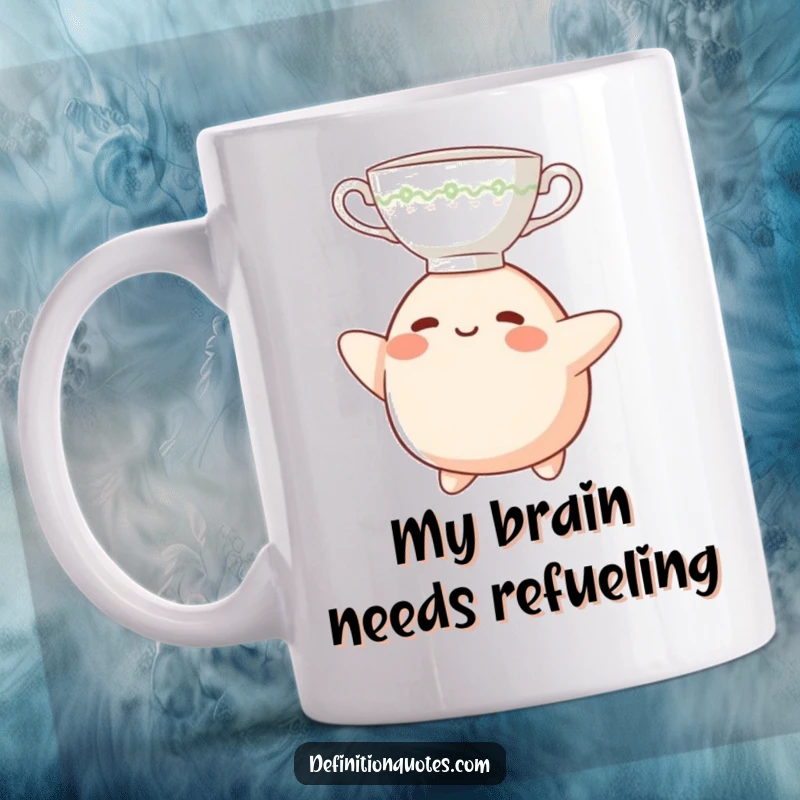 Funny Mug: A small, happy blob character precariously balancing a teacup on its head, creating a hilarious visual gag.