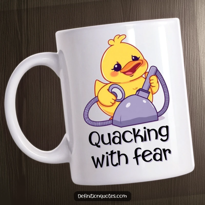 Funny terrified rubber ducky smiling, powering a giant vacuum cleaner, on a coffee mug, humorous gift.