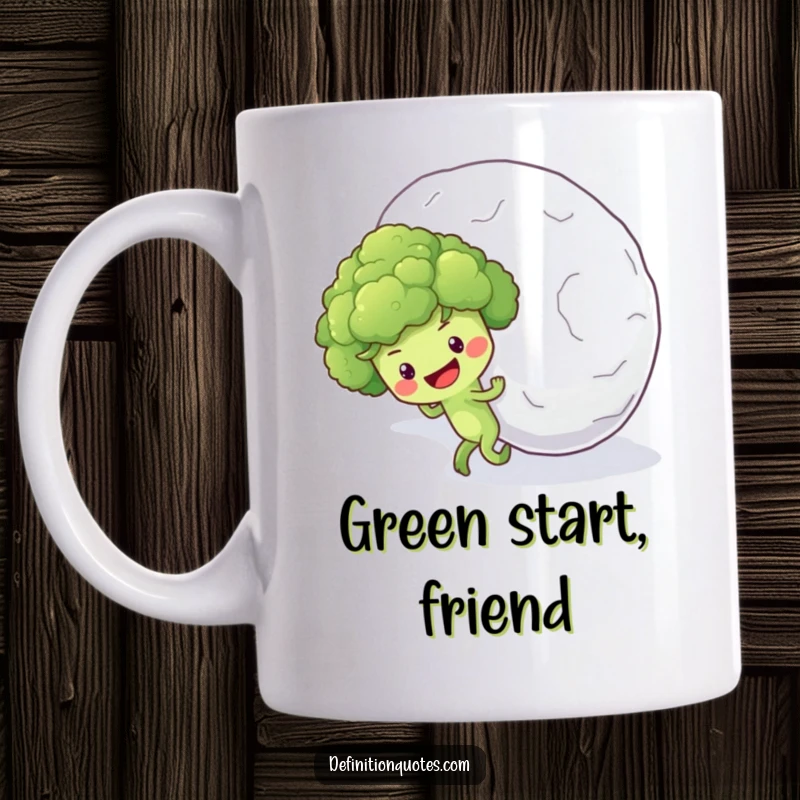 Funny mug showing an optimistic broccoli floret character straining to push a massive snowball uphill, a comical struggle.
