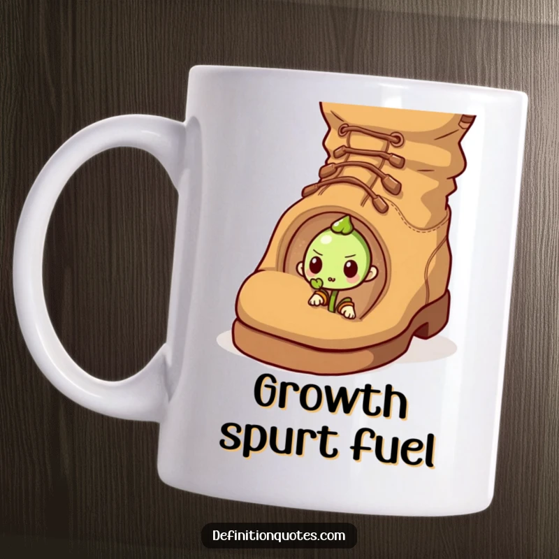 Funny mug showing a determined little sprout character pushing a comically large acorn uphill, symbolizing incredible effort and willpower.