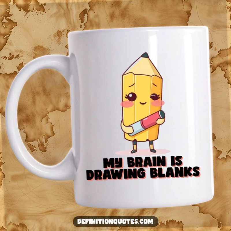 Funny mug depicting a shy pencil character with an eraser blushing while attempting to draw its own portrait.