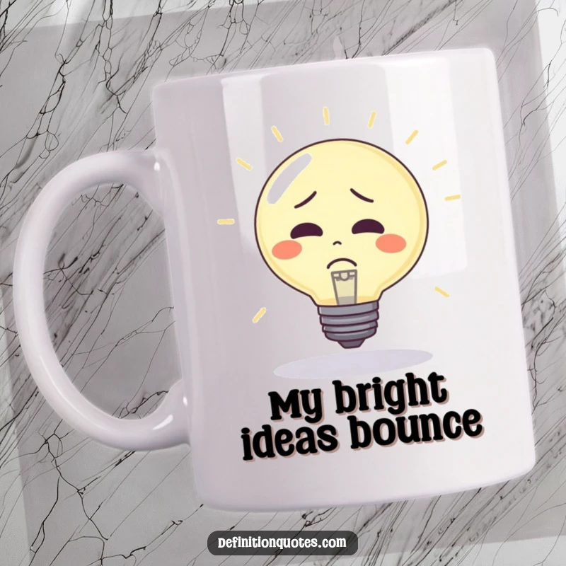 Funny Mug: Confused lightbulb character being used as a bouncy ball, symbolizing scattered thoughts and humorous mental energy.