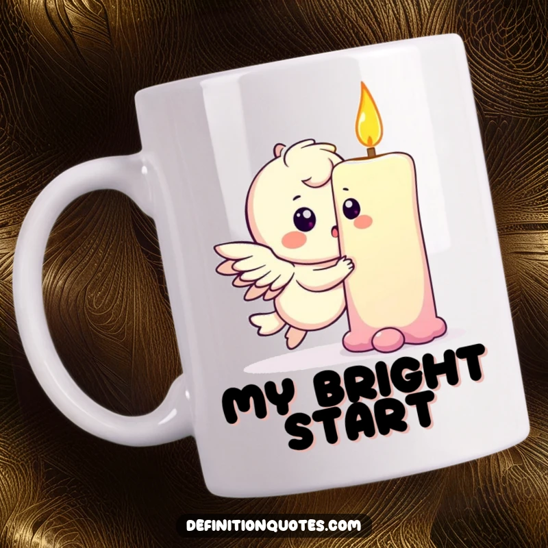 Funny mug featuring a playful winged character gently bumping into a rainbow, causing a small dent, a whimsical scene.