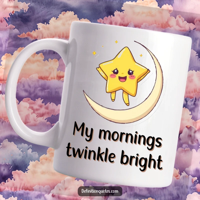 Funny mug depicting a cheerful star character with twinkling eyes joyfully dancing on a smiling crescent moon.