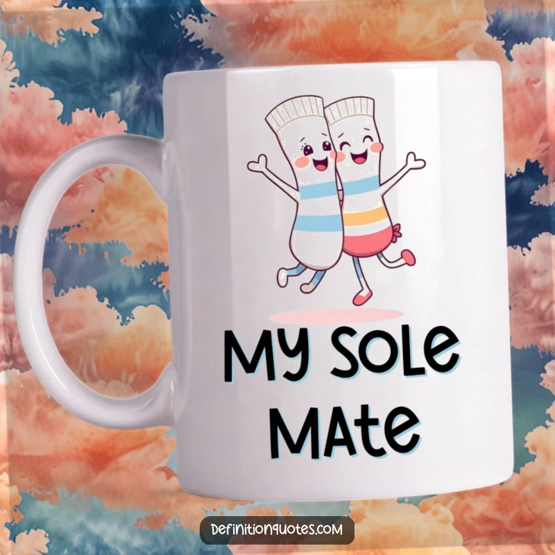 Funny coffee mug showing a cheerful sock dancing joyfully with a mismatched sock partner.