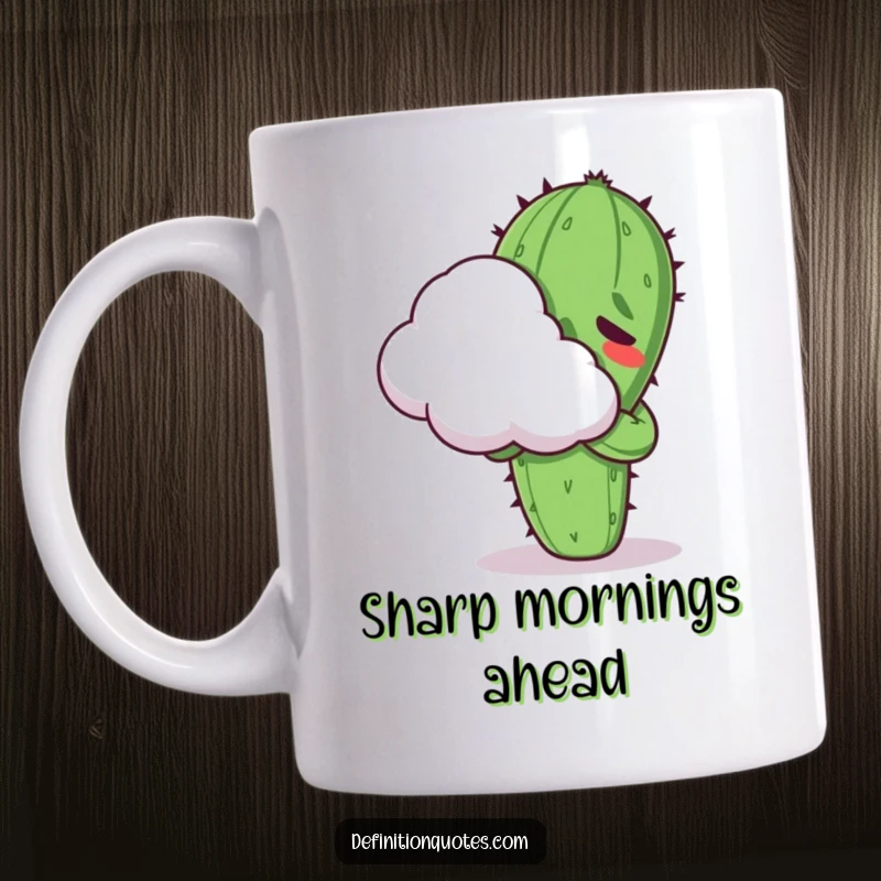 Funny Kawaii cactus character, looking uncomfortable, attempting to hug a soft, fluffy cloud on a mug.