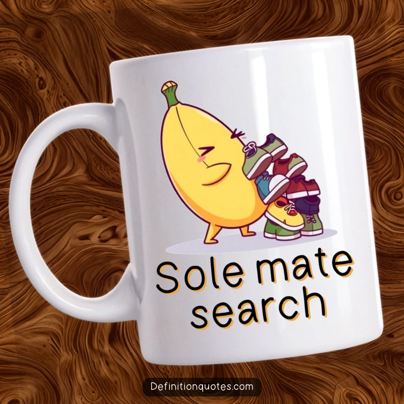 Funny mug showing a plump banana winking while balancing a pile of mismatched shoes, representing quirky fun.