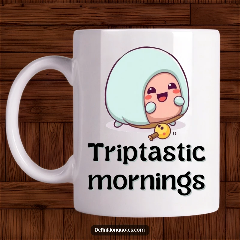 Funny Kawaii house slipper character comically tripping over its own laces, looking surprised and flustered. A humorous mug.