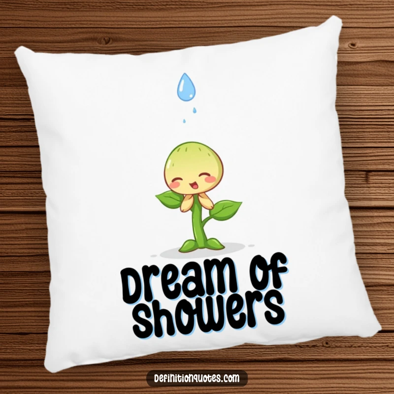 Funny happy little sprout dramatically bowing to a falling raindrop on a pillow, offering comfort and gentle humor.