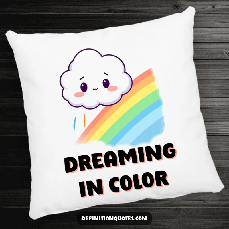 Funny pillow with a surprised cloud looking at an accidentally created rainbow, adding comfort and whimsy.