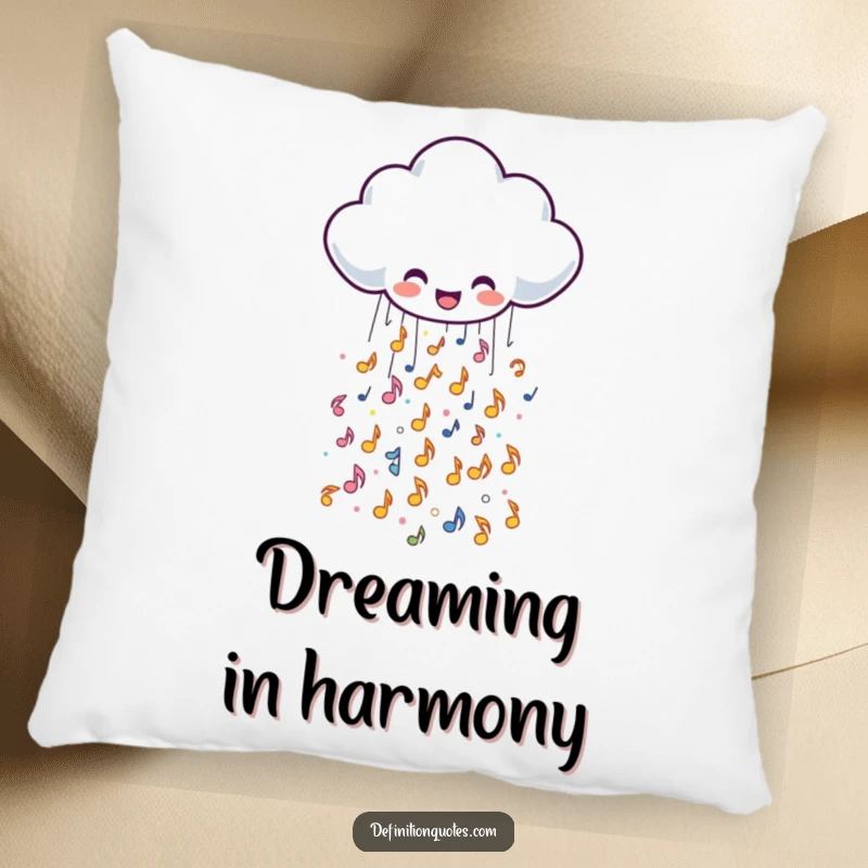 Funny, soft pillow featuring a cheerful rain cloud character spilling a cascade of tiny, sparkly musical notes, adding whimsical decor.