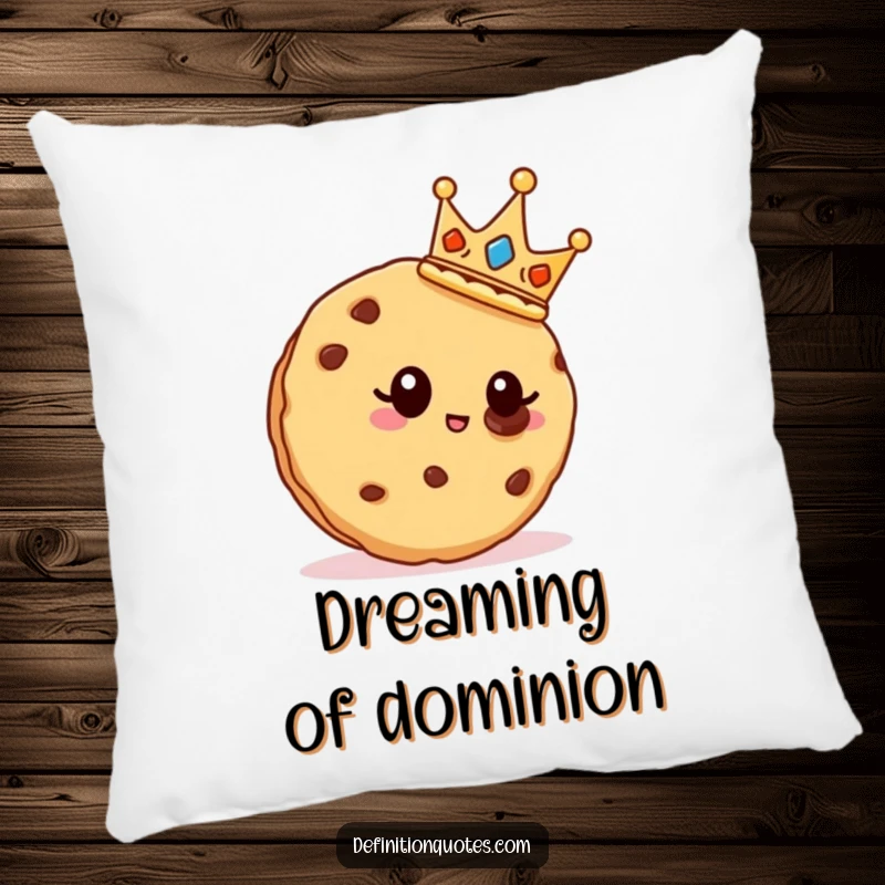 Funny cookie with a crown resting, admiring a chocolate chip, on a soft pillow.