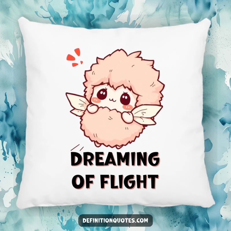Funny bewildered slipper character with paper wings attempting flight, on a soft decorative pillow.