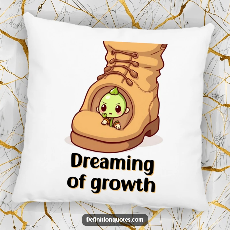 Funny pillow showcasing a determined sprout character pushing a comically large acorn uphill, adding a touch of humorous inspiration to any room.