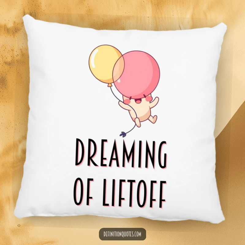 Funny Kawaii balloon character comically popping itself while trying to fly, depicted on a soft, decorative pillow. A humorous accent.