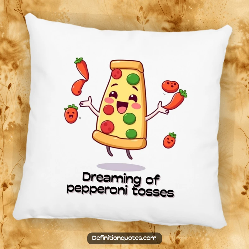 Funny Pizza Juggling Pepperoni Pillow: A delighted pizza slice character comically juggles flying pepperoni, soft and cuddly.