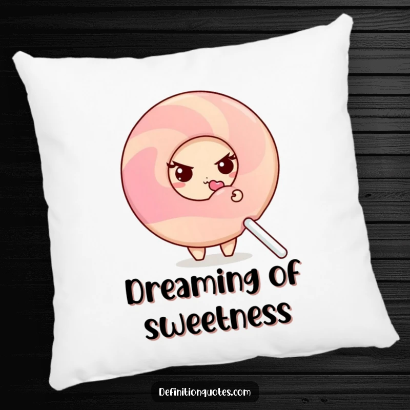 Funny shy donut character peeking from behind a giant, licked lollipop, on a decorative pillow.