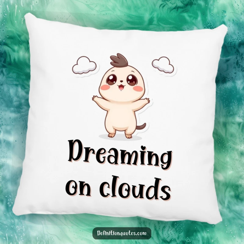 Funny Pillow: A small, googly-eyed creature joyfully juggling three small clouds, bringing comfort and smiles.